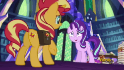 Size: 1280x720 | Tagged: safe, edit, screencap, character:starlight glimmer, character:sunset shimmer, species:pony, species:unicorn, equestria girls:mirror magic, g4, my little pony: equestria girls, my little pony:equestria girls, spoiler:eqg specials, animated, book, bookshelf, discovery family logo, dubbing, female, japanese, japanese dub, library, mare, saddle bag, sound, twilight's castle, twilight's castle library, webm