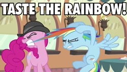 Size: 640x360 | Tagged: safe, edit, edited screencap, screencap, character:pinkie pie, character:rainbow dash, episode:mmmystery on the friendship express, g4, my little pony: friendship is magic, caption, skittles, taste the rainbow
