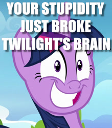 Size: 586x668 | Tagged: safe, edit, edited screencap, screencap, character:twilight sparkle, character:twilight sparkle (alicorn), species:alicorn, species:pony, episode:top bolt, g4, my little pony: friendship is magic, female, grin, image macro, insanity, meme, mind break, reaction image, smiling, solo, this will end in tears, twilight snapple