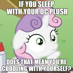 Size: 500x500 | Tagged: safe, edit, edited screencap, screencap, character:sweetie belle, episode:ponyville confidential, g4, my little pony: friendship is magic, cropped, cuddling, exploitable meme, floppy ears, hoof on chin, image macro, meme, plushie, ponidox, self ponidox, selfcest, shipping, sudden clarity sweetie belle, sweetcest