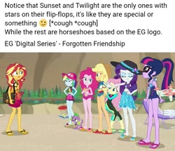 Size: 717x617 | Tagged: safe, edit, edited screencap, screencap, character:applejack, character:fluttershy, character:pinkie pie, character:rainbow dash, character:rarity, character:spike, character:spike (dog), character:sunset shimmer, character:twilight sparkle, character:twilight sparkle (scitwi), species:dog, species:eqg human, equestria girls:forgotten friendship, g4, my little pony: equestria girls, my little pony:equestria girls, bag, beach ball, belly button, clothing, cropped, drone, feet, flip-flops, hat, humane five, humane seven, humane six, implied lesbian, implied scitwishimmer, implied shipping, legs, mane six, overanalyzing, sandals, sarong, swimsuit, text, towel, wetsuit