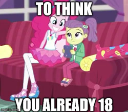 Size: 407x355 | Tagged: safe, edit, edited screencap, screencap, character:pinkie pie, episode:pinkie sitting, g4, my little pony: equestria girls, my little pony:equestria girls, caption, creepy, creepy smile, doll, duo, duo female, female, forced meme, lily pad (equestria girls), meme, smiling, toy, young