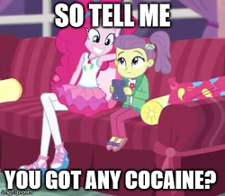 Size: 407x355 | Tagged: safe, edit, edited screencap, screencap, character:pinkie pie, my little pony:equestria girls, caption, clothing, creepy, creepy smile, doll, drugs, duo, duo female, female, lily pad (equestria girls), skirt, smiling, toy, young