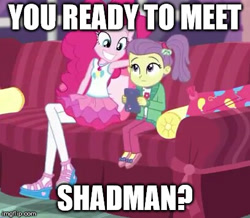 Size: 407x355 | Tagged: safe, edit, edited screencap, screencap, character:pinkie pie, episode:pinkie sitting, g4, my little pony: equestria girls, my little pony:equestria girls, caption, clothing, creepy, creepy smile, doll, duo, duo female, female, i need an adult, lily pad (equestria girls), shadman, skirt, smiling, toy, young