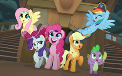 Size: 1280x800 | Tagged: safe, edit, edited screencap, screencap, character:applejack, character:fluttershy, character:pinkie pie, character:rainbow dash, character:rarity, character:spike, species:dragon, species:earth pony, species:pegasus, species:pony, species:unicorn, my little pony: the movie (2017), bandana, clothing, cropped, cute, eyepatch, eyes closed, hat, one eye closed, open mouth, pirate, pirate applejack, pirate fluttershy, pirate hat, pirate pinkie pie, pirate rainbow dash, pirate rarity, raised hoof, smiling, sword, time to be awesome, weapon