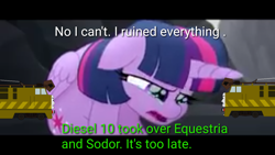Size: 1280x720 | Tagged: safe, edit, edited screencap, screencap, character:twilight sparkle, character:twilight sparkle (alicorn), species:alicorn, species:pony, species:unicorn, my little pony: the movie (2017), crossover, crying, diesel 10, female, forced meme, mare, meme, no i can't i ruined everything, solo, thomas the tank engine