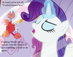 Size: 924x720 | Tagged: safe, edit, edited screencap, screencap, character:rarity, species:crab, episode:p.p.o.v. (pony point of view), g4, my little pony: friendship is magic, cropped, doctor who, image macro, implied doctor whooves, implied rarity fighting a giant crab, meme, the macra terror