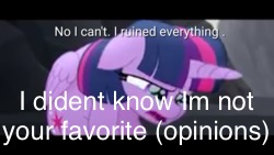 Size: 250x141 | Tagged: safe, edit, edited screencap, screencap, character:twilight sparkle, character:twilight sparkle (alicorn), species:alicorn, species:pony, caption, female, forced meme, mare, meme, misspelling, needs more jpeg, no i can't i ruined everything, picture for breezies, solo