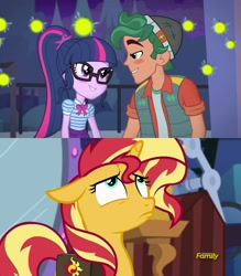 Size: 1796x2048 | Tagged: safe, edit, edited screencap, screencap, character:sunset shimmer, character:timber spruce, character:twilight sparkle, character:twilight sparkle (scitwi), species:eqg human, species:pony, species:unicorn, ship:timbertwi, episode:star crossed, equestria girls:mirror magic, g4, my little pony: equestria girls, my little pony:equestria girls, spoiler:eqg specials, blushing, discovery family logo, female, firefly, floppy ears, geode of telekinesis, horn, implied lesbian, implied scitwishimmer, implied shipping, implied sunsetsparkle, looking up, male, mare, pouting, shipping, straight