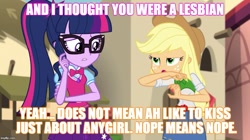 Size: 891x499 | Tagged: safe, edit, edited screencap, screencap, character:applejack, character:twilight sparkle, character:twilight sparkle (scitwi), species:eqg human, ship:twijack, my little pony:equestria girls, female, image macro, lesbian, meme, no means no, scitwijack, shipping