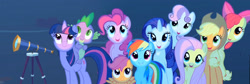 Size: 2140x720 | Tagged: safe, edit, edited screencap, screencap, character:apple bloom, character:applejack, character:fluttershy, character:pinkie pie, character:rainbow dash, character:rarity, character:scootaloo, character:spike, character:sweetie belle, character:twilight sparkle, character:twilight sparkle (unicorn), species:dragon, species:earth pony, species:pegasus, species:pony, species:unicorn, episode:owl's well that ends well, g4, my little pony: friendship is magic, cutie mark crusaders, female, male, mane seven, mane six, mare, panorama, stargazing, telescope