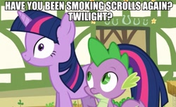 Size: 689x420 | Tagged: safe, edit, edited screencap, screencap, character:spike, character:twilight sparkle, character:twilight sparkle (unicorn), species:dragon, species:pony, species:unicorn, episode:too many pinkie pies, g4, my little pony: friendship is magic, caption, derp, duo, female, image macro, male, mare, out of context, season 3, stoned, stoner