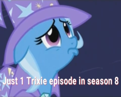 Size: 1280x1024 | Tagged: safe, edit, edited screencap, screencap, character:trixie, species:pony, species:unicorn, episode:magic duel, episode:on the road to friendship, g4, my little pony: friendship is magic, season 8, leak, spoiler:s08, cape, clothing, cute, diatrixes, female, hat, image macro, mare, meme, pouting, sad, solo, sorry, trixie yells at everything, trixie's cape, trixie's hat
