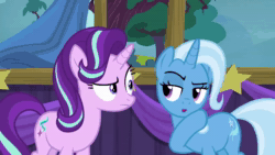 Size: 1280x720 | Tagged: safe, edit, edited screencap, screencap, character:starlight glimmer, character:trixie, species:pony, species:unicorn, episode:no second prances, g4, my little pony: friendship is magic, animated, looking around, music, secret, smiling, sound, stage, tree, webm, whispering