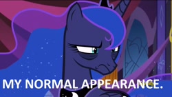 Size: 1280x720 | Tagged: safe, edit, edited screencap, screencap, character:princess luna, species:pony, episode:a royal problem, g4, my little pony: friendship is magic, bags under eyes, dialogue, female, image macro, mare, meme, solo, tired
