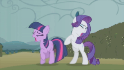Size: 640x360 | Tagged: safe, edit, edited screencap, screencap, character:rarity, character:twilight sparkle, species:pony, species:unicorn, episode:the return of harmony, g4, my little pony: friendship is magic, animated, eyes closed, female, flashdance, hoofy-kicks, maniac, mare, missing horn, music, panic, rearing, song, sound, trotting, trotting in place, twilighting, webm