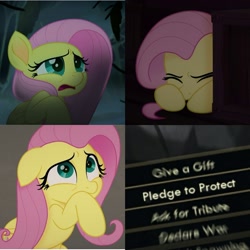 Size: 1763x1763 | Tagged: safe, edit, edited screencap, screencap, character:fluttershy, species:pegasus, species:pony, my little pony: the movie (2017), civilization, civilization v, cowering, female, mare, meme, motion blur, pledge to protect, scared, solo, text