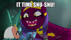 Size: 600x337 | Tagged: safe, edit, edited screencap, screencap, character:somnambula, character:sphinx, species:pegasus, species:pony, species:sphinx, episode:daring done, g4, caption, female, futurama, image macro, impact font, implied sex, mare, meme, snu-snu, this will end in snu snu