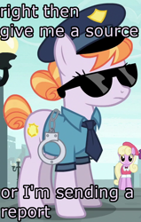 Size: 472x740 | Tagged: safe, edit, edited screencap, screencap, character:copper top, character:luckette, species:pony, episode:the gift of the maud pie, g4, my little pony: friendship is magic, clothing, cuffs, hat, image macro, meme, police officer, police pony, reaction image, sunglasses