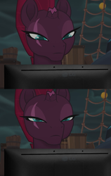 Size: 567x900 | Tagged: safe, edit, edited screencap, screencap, character:tempest shadow, species:pony, species:unicorn, my little pony: the movie (2017), 4chan, cropped, disappointed, disapproval, exploitable meme, female, lg, looking at you, mare, meme, monitor, reaction image, solo