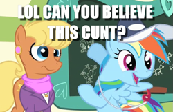 Size: 819x531 | Tagged: safe, edit, edited screencap, screencap, character:ms. harshwhinny, character:rainbow dash, species:pony, episode:flight to the finish, g4, my little pony: friendship is magic, cunt, image macro, meme, this will end in tears, vulgar