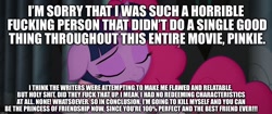 Size: 1920x804 | Tagged: safe, edit, edited screencap, screencap, character:pinkie pie, character:twilight sparkle, character:twilight sparkle (alicorn), species:alicorn, species:pony, my little pony: the movie (2017), background pony strikes again, drama, drama bait, hug, image macro, meme, mouthpiece, op is a duck, op is trying to start shit, vulgar