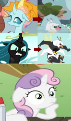Size: 672x1134 | Tagged: safe, edit, edited screencap, screencap, character:ocellus, character:queen chrysalis, character:sandbar, character:smolder, character:sweetie belle, character:yona, species:changeling, species:reformed changeling, episode:ponyville confidential, episode:school daze, episode:slice of life, g4, my little pony: friendship is magic, bugbear, bugbear ocellus, changeling queen, disguise, disguised changeling, exploitable meme, female, image macro, meme, obligatory pony, sudden clarity sweetie belle, what if