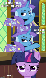 Size: 500x843 | Tagged: safe, edit, edited screencap, screencap, character:trixie, character:twilight sparkle, species:pony, episode:no second prances, g4, my little pony: friendship is magic, ..., angry, clothing, hat, meme, trixie's hat, vulgar