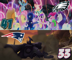 Size: 1920x1608 | Tagged: safe, edit, edited screencap, screencap, character:applejack, character:fluttershy, character:pinkie pie, character:princess cadance, character:princess celestia, character:princess luna, character:rainbow dash, character:rarity, character:spike, character:storm king, character:twilight sparkle, character:twilight sparkle (alicorn), species:alicorn, species:pony, my little pony: the movie (2017), american football, new england patriots, nfl, nfl playoffs, obligatory pony, philadelphia eagles, sports, super bowl, super bowl lii