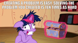 Size: 888x499 | Tagged: safe, edit, edited screencap, screencap, character:smarty pants, character:twilight sparkle, episode:lesson zero, g4, my little pony: friendship is magic, crazy face, faec, image macro, meme, stressed