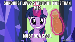 Size: 800x450 | Tagged: safe, edit, edited screencap, screencap, character:twilight sparkle, character:twilight sparkle (alicorn), species:alicorn, species:pony, episode:what about discord?, g4, my little pony: friendship is magic, exploitable meme, female, image macro, implied shipping, implied starburst, implied starlight glimmer, implied straight, implied sunburst, jealous, mare, meme, must be a spell, potion, romantic jealousy, solo, twilight's castle