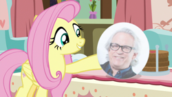 Size: 1280x720 | Tagged: safe, edit, edited screencap, screencap, character:fluttershy, species:human, episode:discordant harmony, g4, my little pony: friendship is magic, irl, irl human, musician, photo, plate, smiling, steve porcaro