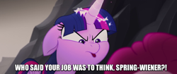 Size: 732x307 | Tagged: safe, edit, edited screencap, screencap, character:pinkie pie, character:twilight sparkle, character:twilight sparkle (alicorn), species:alicorn, species:pony, my little pony: the movie (2017), angry, basalt beach, black friday reel, deleted scene, image macro, meme, rage, toy story, woody