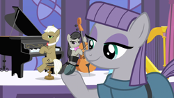 Size: 1280x720 | Tagged: safe, edit, edited screencap, screencap, character:boulder, character:frederic horseshoepin, character:maud pie, character:octavia melody, episode:the best night ever, g4, my little pony: friendship is magic, clothing, cute, hat, smiling, top hat
