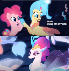 Size: 1100x1136 | Tagged: safe, edit, edited screencap, screencap, character:pinkie pie, character:princess skystar, character:queen novo, species:seapony (g4), ship:skypie, my little pony: the movie (2017), comic, female, lesbian, screencap comic, seaponified, seapony pinkie pie, shipping, species swap