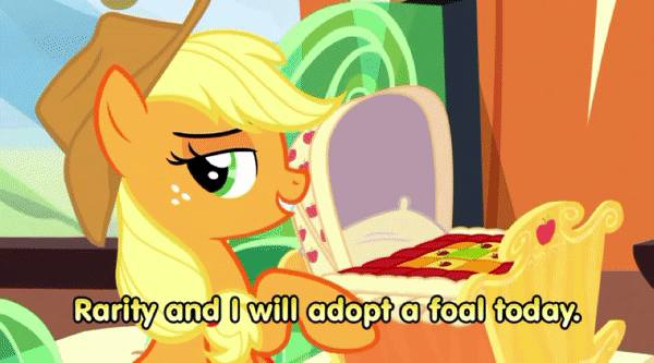 Size: 600x333 | Tagged: safe, edit, edited screencap, screencap, character:applejack, character:rarity, ship:rarijack, episode:the crystalling, g4, my little pony: friendship is magic, adoption, animated, crib, female, gif, lesbian, looking at each other, shipping