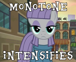 Size: 1400x1144 | Tagged: safe, edit, edited screencap, screencap, character:maud pie, species:earth pony, species:pony, episode:the gift of the maud pie, g4, my little pony: friendship is magic, clothing, dress, female, looking at you, meme, solo focus, text, x intensifies