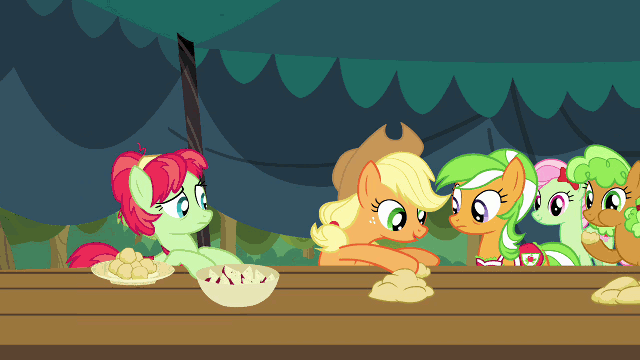 Size: 640x360 | Tagged: safe, edit, edited screencap, screencap, character:apple brown betty, character:apple dumpling, character:apple leaves, character:applejack, character:florina tart, species:earth pony, species:pony, episode:apple family reunion, g4, my little pony: friendship is magic, animated, apple family member, apple fritter (food), assembly line, chewing, clothing, cowboy hat, cute, dexterous hooves, dough, eating, female, food, hat, hoof hold, mare, speed up