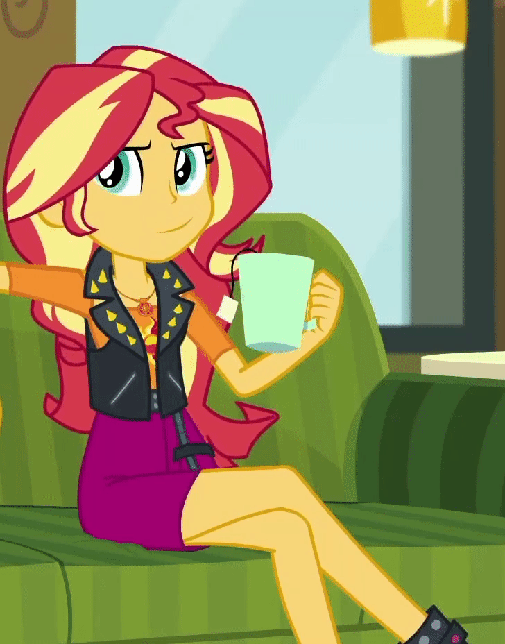 Size: 728x928 | Tagged: safe, edit, edited screencap, screencap, character:sunset shimmer, episode:text support, g4, my little pony: equestria girls, my little pony:equestria girls, animated, cafe, clothing, cropped, crossed legs, cup, drinking, geode of empathy, magical geodes, mug, offscreen character, reversed, tea, text support: sunset shimmer