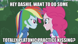 Size: 899x506 | Tagged: safe, edit, edited screencap, screencap, character:pinkie pie, character:rainbow dash, ship:pinkiedash, episode:pinkie spy, equestria girls:friendship games, g4, my little pony: equestria girls, my little pony:equestria girls, bush, clothing, compression shorts, female, image macro, lesbian, meme, shipping, smiling