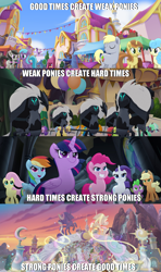 Size: 1271x2140 | Tagged: safe, edit, edited screencap, screencap, character:applejack, character:blaze, character:clear skies, character:fluttershy, character:lyra heartstrings, character:peachy sweet, character:pinkie pie, character:princess celestia, character:princess luna, character:rainbow dash, character:rarity, character:red delicious, character:spike, character:symphonia melody, character:twilight sparkle, character:twilight sparkle (alicorn), species:alicorn, species:pony, my little pony: the movie (2017), bound together, canterlot, caption, collar, drama bait, festival of friendship, good times, hard times, harness, image macro, infinite loop, mane six, meme, muzzle, op is a duck, op is trying to start shit, scenery, slavery, statues, storm guard, tack, text