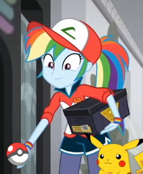 Size: 469x572 | Tagged: safe, edit, edited screencap, screencap, character:rainbow dash, episode:good vibes, eqg summertime shorts, g4, my little pony: equestria girls, my little pony:equestria girls, cropped, crossover, cute, dashabetes, female, helpful, helping, looking at you, looking down, pikachu, pokéball, pokémon, pokémon trainer, smiling, solo