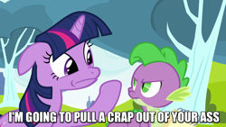 Size: 900x506 | Tagged: safe, edit, screencap, character:spike, character:twilight sparkle, episode:hurricane fluttershy, g4, my little pony: friendship is magic, here comes soldier, image macro, italian twilight, meme, team fortress 2, vulgar, wat