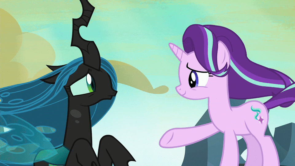 Size: 960x540 | Tagged: safe, edit, screencap, character:queen chrysalis, character:starlight glimmer, species:changeling, species:pony, species:unicorn, episode:to where and back again, g4, my little pony: friendship is magic, animated, changeling queen, cloud, cute, cutealis, eye shimmer, female, former queen chrysalis, friendship, frown, gif, glimmerbetes, looking at each other, loop, mare, offering, raised hoof, reaching, reaching out, second chances, sky, smiling, unsure, windswept mane