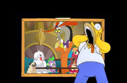 Size: 1019x669 | Tagged: safe, edit, edited screencap, screencap, character:big mcintosh, character:discord, character:spike, species:dog, species:earth pony, species:pony, episode:dungeons & discords, collie, cropped, dogs playing poker, fine art parody, homer simpson, male, poker, pug, screaming, sheep dog, stallion, the simpsons, zoot suit