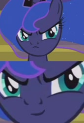Size: 1156x1687 | Tagged: safe, edit, edited screencap, screencap, character:princess luna, species:alicorn, species:pony, episode:a royal problem, g4, my little pony: friendship is magic, >:), >:c, adorable face, amused, at first i was like but then i was like, cute, evil grin, faec, female, frown, frown upside down, grumpy luna, inverted mouth, luna is not amused, princess luna is amused, smiling, solo, unamused