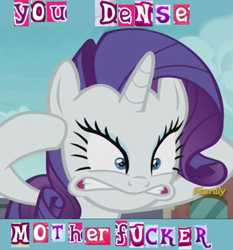 Size: 700x751 | Tagged: safe, edit, edited screencap, screencap, character:rarity, episode:the gift of the maud pie, g4, my little pony: friendship is magic, caption, discovery family logo, expand dong, exploitable meme, faec, female, frustrated, image macro, meme, reaction image, solo, the incredibles, vulgar, you dense motherfucker