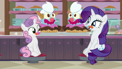 Size: 2208x1242 | Tagged: safe, edit, edited screencap, screencap, character:rarity, character:sweetie belle, species:pony, species:unicorn, episode:forever filly, g4, my little pony: friendship is magic, bakery, candy, clown surprise, duo, female, food, ice cream, licking, licking lips, pie, sisters, sundae, sweets, tongue out