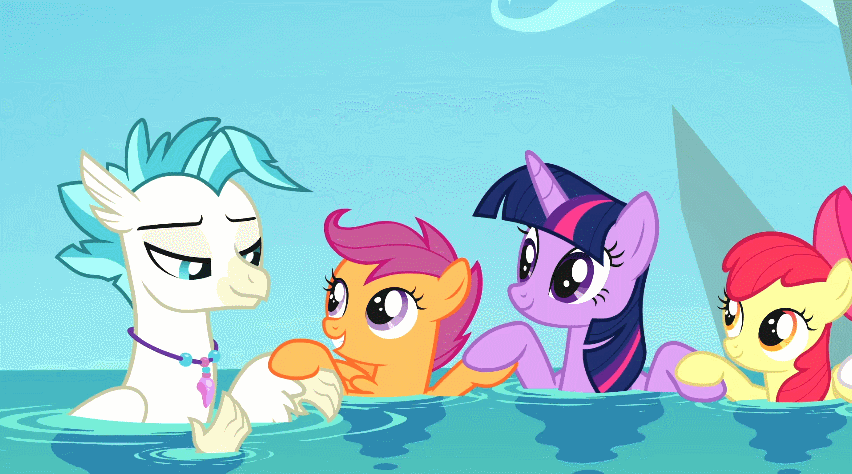 Size: 852x474 | Tagged: safe, edit, screencap, character:apple bloom, character:scootaloo, character:sweetie belle, character:terramar, character:twilight sparkle, character:twilight sparkle (alicorn), species:alicorn, species:classical hippogriff, species:hippogriff, species:pegasus, species:pony, species:seapony (g4), episode:surf and/or turf, g4, my little pony: friendship is magic, season 8, animated, cutie mark crusaders, sea-mcs, seaponified, seapony apple bloom, seapony scootaloo, seapony sweetie belle, seapony twilight, species swap, transformation, underwater, water