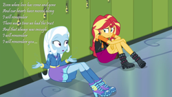 Size: 1280x720 | Tagged: safe, edit, edited screencap, screencap, character:sunset shimmer, character:trixie, equestria girls:forgotten friendship, g4, my little pony: equestria girls, my little pony:equestria girls, boots, clothing, duo, high heel boots, high heels, hoodie, i will remember, image macro, jacket, leather jacket, lyrics, meme, shoes, skirt, socks, song reference, text, toto (band)